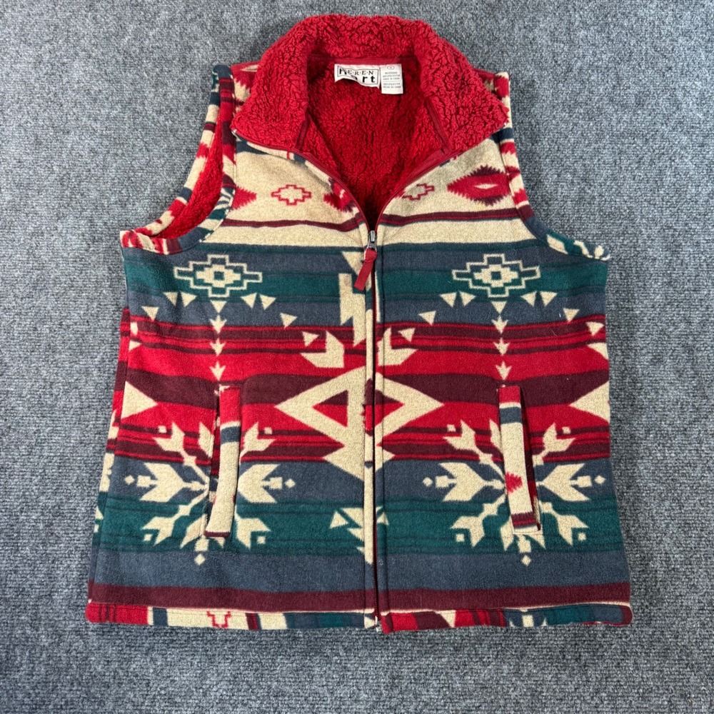 Keren Hart Womens‎ Southwestern Fleece Vest Red Sherpa Lined Geometric Medium